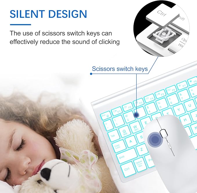 Wireless Backlit Keyboard and Mouse Ultra Slim Combo, TopMate - Matte White | 2.4G Silent Compact 2400DPI Mouse and Scissor Switch Keyboard Set, Batteries Included, for PC/Laptop/Windows/Mac/Gaming - Image 2