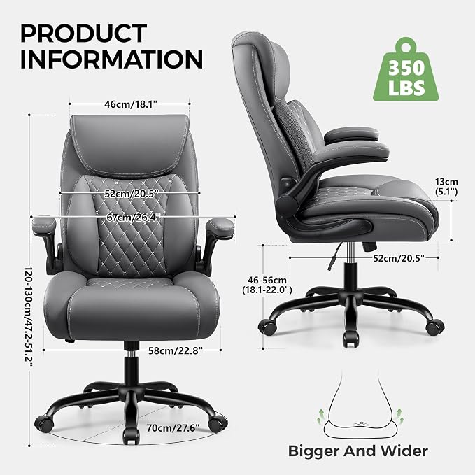Office Chair, Ergonomic Executive Desk Chair with Lumbar Support for Lower Back Pain Relief, Padded Flip-Up Armrests, Leather Home Office Chair, Gray - Image 2
