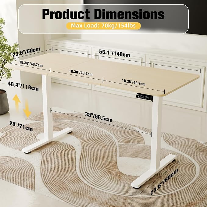 55"x24" Standing Desk, Adjustable Sit-Stand Home Office, Oak | Electric Adjustable Standing Desk, Sit to Stand Computer Office Desk with Splice Board, Memory Preset, Lifts 28''-46.5" - Image 3