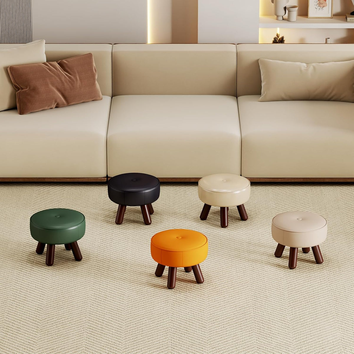 13in Small Round Foot Stool, Faux Leather Footrest, Black Footstool Ottoman - Image 9