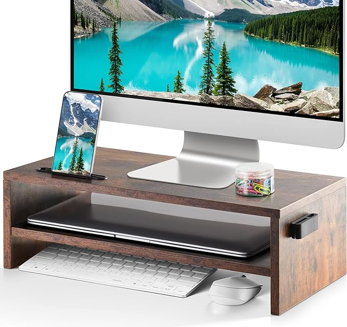 Marbrasse Wood Monitor Stand Riser, Computer Printer Shelf Stand，Vintage | 2 Tier Laptop Computer Screen Storage, Desktop Stand with Phone Holder and Cable Management by Marbrasse