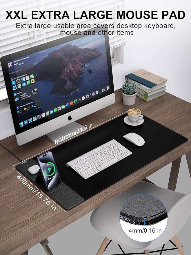 TopMade 4-in-1 Mouse Pad with 15W Wireless Charging, Foldable Phone Holder, 31.5" x 15.75" XXL Large Desk Pad, Gaming Mousepad with Ultra-Smooth Surface, Non-Slip Base, Waterproof Desk Mat, Black - Image 3