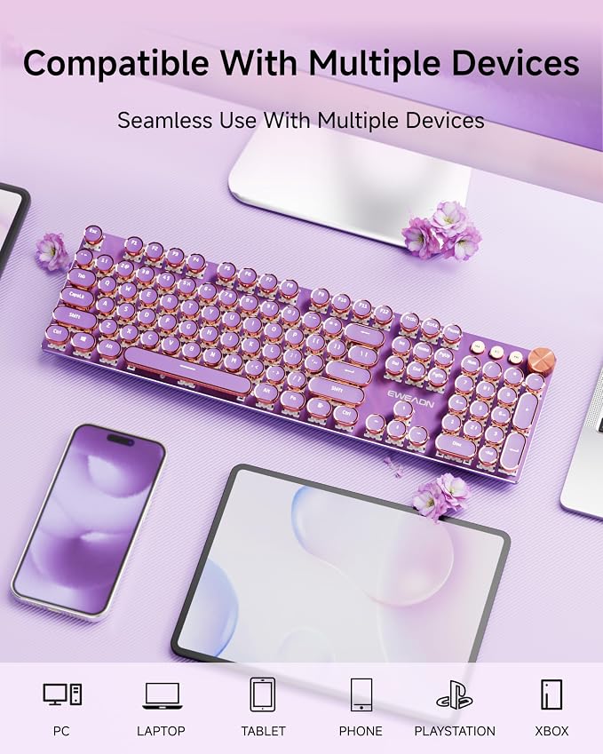 EWEADN V20 Typewriter Keyboard Wireless, 104 Keys Typewriter Style Mechanical with White Backlit, Media Knob, Pink Switch 2.4G/Bluetooth/USB-A Wired Retro Full Size Keyboard for Windows/Mac/PC-Purple - Image 3