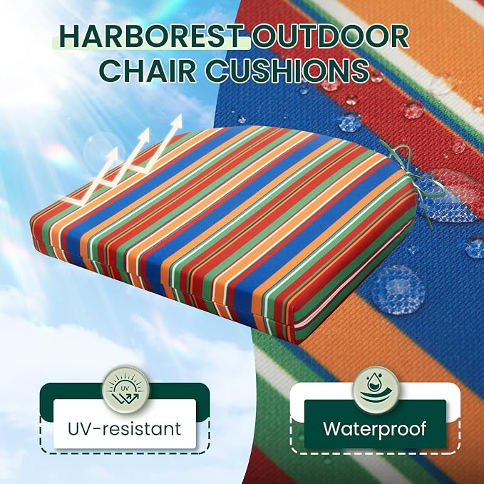 HARBOREST Outdoor Chair Cushions Set of 2, Water Resistant Patio Chair Cushions with Ties, Outdoor Seat Cushions for Patio Furniture, 17"x16"x2", Rainbow Stripes - Image 2