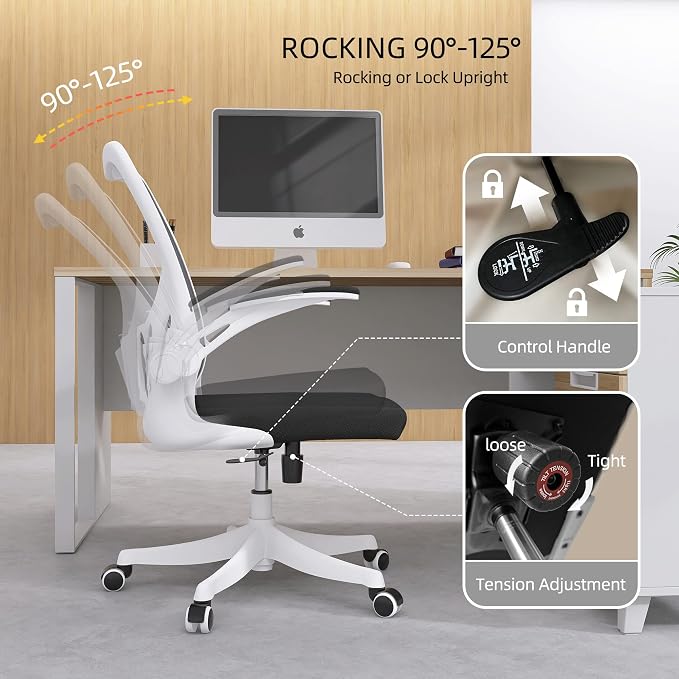 Monhey Office Chair - Ergonomic Office Chair with Lumbar Support & Flip Up Arms Home Office Desk Chairs Rockable High Back Swivel Computer Chair White Frame & Black Mesh Study Chair - Image 8