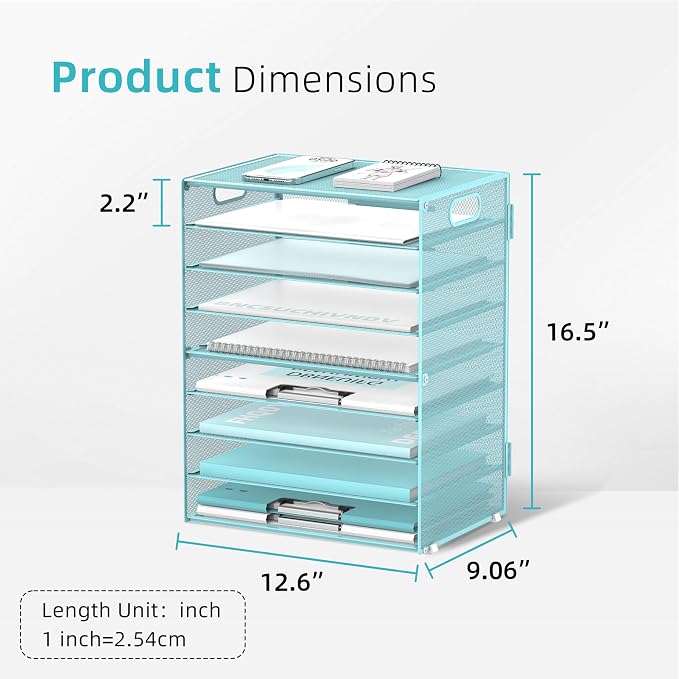 9-Tier Paper Organizer for Desk, Metal Mesh Letter Tray with Handles, Blue | Desk File Organizer with Removable Trays for Sorting Files, Folders, Mail and Printer Paper at Home, School or Office - Image 3