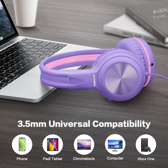 SIMOLIO Manyshare Series- Wired Headphones for Kids, Girls School Headphone with Microphone & Share Port & Volume Limit, Foldable Durable Over Ear Headsets for Tablet Travel Airplane Teens (Purple) - Image 6