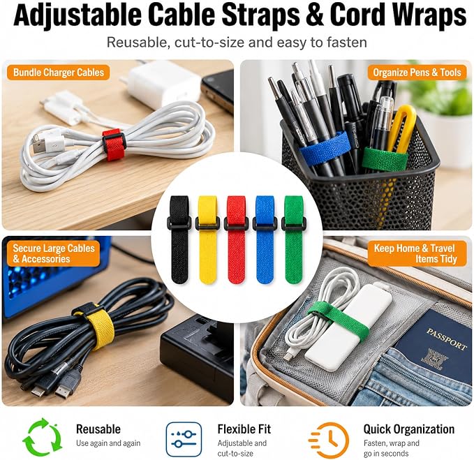 Cable Management Kit, 135 Pcs Reusable Cable Ties and Cord Labels | with Adhesive Cable Clips, Hook and Loop Straps for Under Desk Wire Organizer Home Office - Multicolor - Image 4