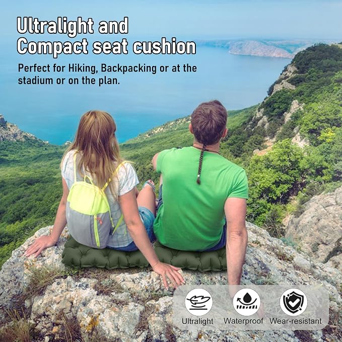 Inflatable Seat Cushion, Lightweight Stadium Seat Pad, Travel Air seat Cushion Anti-Slip for Airplane, Long Flights, Hiking, Climbing, Home and Camping, Compact Air Cushion,Olive Green - Image 4