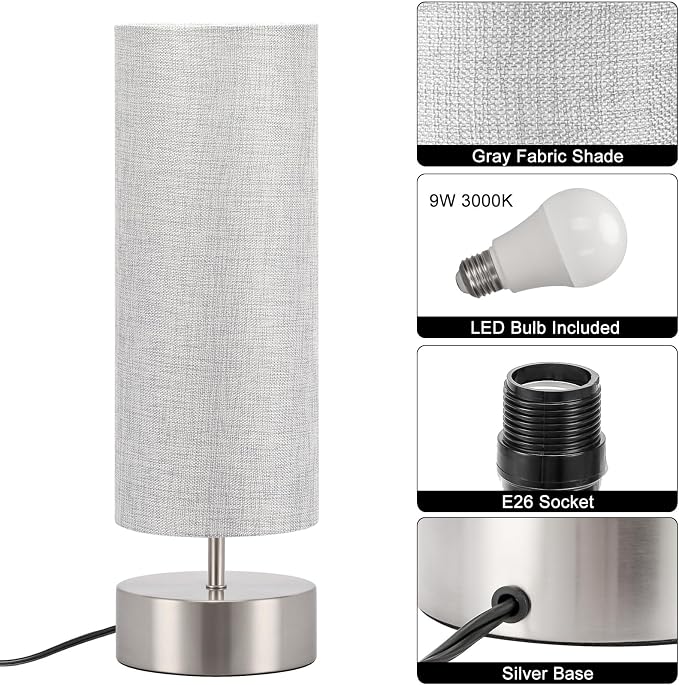 Bedside Touch Lamp, 3 Way Touch Control Table Lamp, Modern Nightstand Lamp | Silver Base with Gray Cylinder Shade, Simple Dimmable Night Light for Bedroom Living Room Kitchen, LED Bulb Included - Image 6