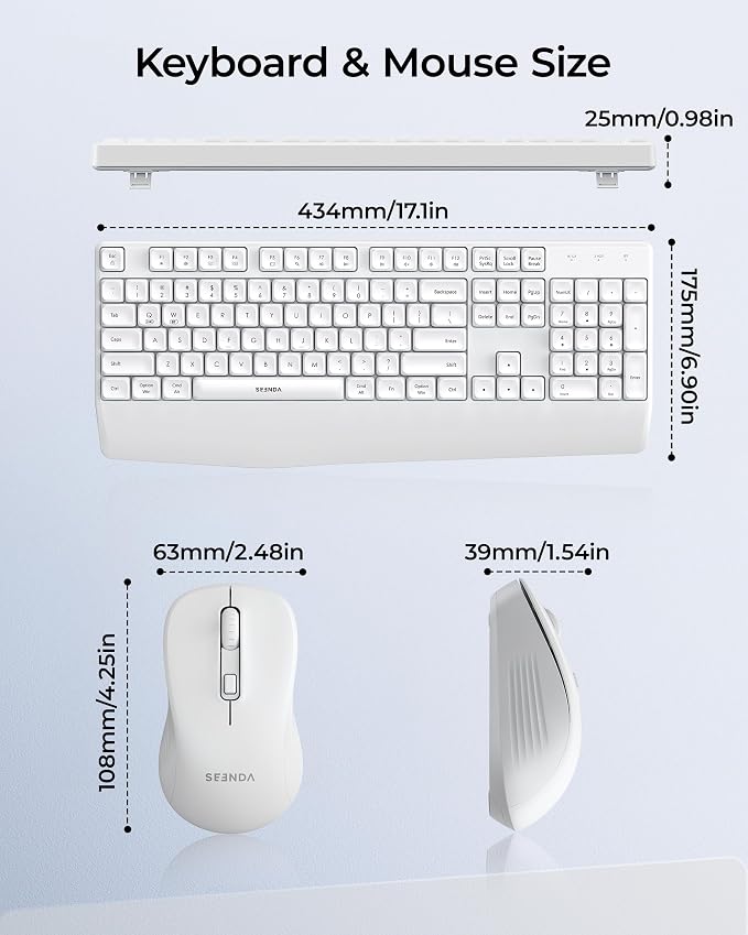 seenda COE200 Wireless Bluetooth Keyboard and Mouse Combo with Wrist Rest | USB/Bluetooth multi-device switching, quiet clicks, full-size ergonomic set for PC, laptop, Mac, and MacBook, White - Image 6