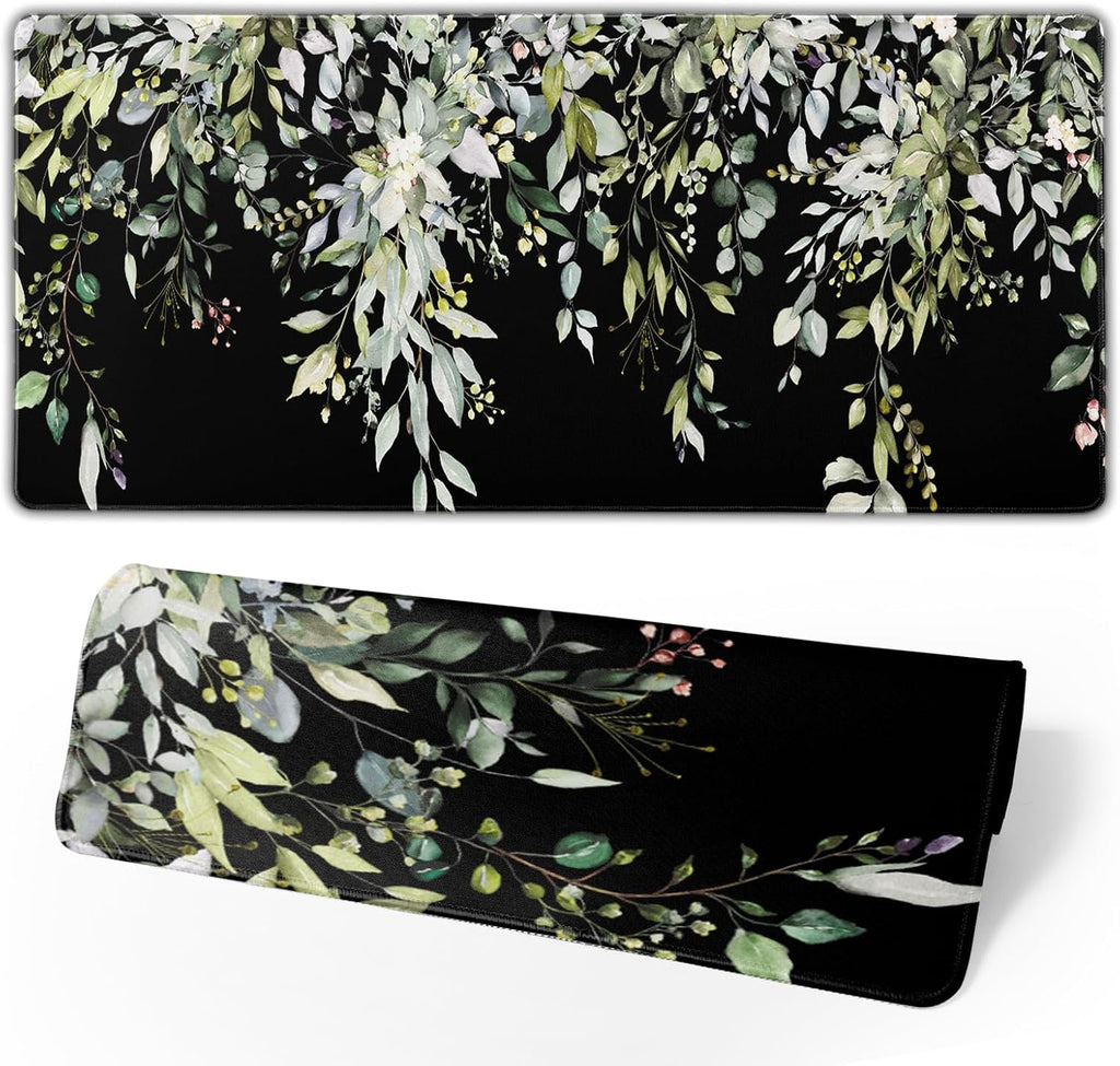 Sage Green Leaves Mouse Pad 31.5x11.8in Floral Black Gaming Mouse Pad Vintage Aesthetic Desk Pad Extended Large Desk Mat Non-Slip Rubber Base Stitched Edge Long Keyboard Mousepad for Computer Laptop - Image 2
