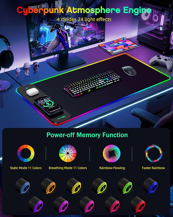 Magnetic Wireless Charging Mouse Pad Gaming, 31.5"x15.8" Large Desk Mat | RGB Mousepad, Smooth Glide, Stitched Edge, Non-Slip Rubber Base, Desk Pad Computer Keyboard Mat, with Adapter - Image 2