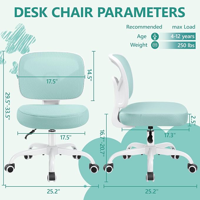 Kids Desk Chair, Pink Study Chair for Boys Girls with Height Adjustable, Swivel Mesh Task Student Chairs for 4-12, Growing Teen Office Chair for Home/School/Office (Light Teal) - Image 2