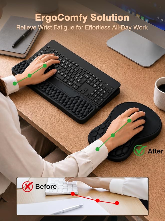 Ergonomic Keyboard and Mouse Pad Combo with Stand/Wrist Rest, Black | Keyboard Riser Mousepad for Desk with Soft Memory Foam, Comfy Massage, Non-slip PU Base,Carpal Tunnel Pain Relief - Image 3