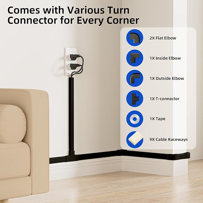 Delamu 142in Black Cord Hider Cable Hider, Cord Covers for 2-3 Wires on Wall, Premium Wire Hiders Wire Covers for Cords on Wall, Easier Setup TV Cable Cover Management Kit, W0.94 H0.47in, Black - Image 3