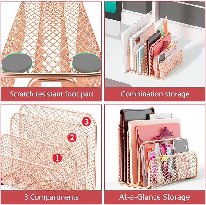 gianotter Mail Organizer Countertop | Mail Sorter with 3-Slot Mail Holder Letter Holder for Desk Bill Organizer for Office Receipts and Letter Storage(Rose Gold) - Image 6