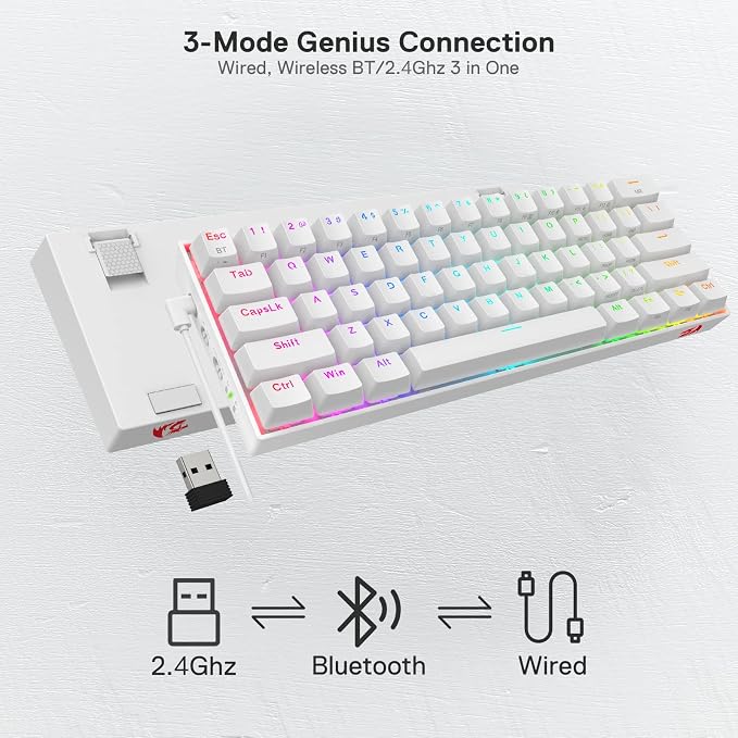 Redragon K530 Pro Draconic 60% Wireless RGB Mechanical Keyboard, BT/2.4Ghz/Wired 3-Mode 61 Keys Compact Gaming Keyboard w/Hot-Swap Socket, Free-Mod Plate Mounted PCB & Tactile Brown Switch | BT 2.4GHz Wired Tactile Brown Switch Compatible Windows Mac A... - Image 2