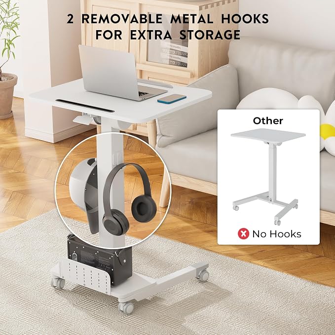 BONTEC Mobile Standing Desk, Adjustable Height, 23.6 x 20.5 Inch, White | Rolling Laptop Cart with Storage Shelf and Hooks, Portable Workstation with Pneumatic Lift, Ergonomic Compact Home Office Use - Image 7