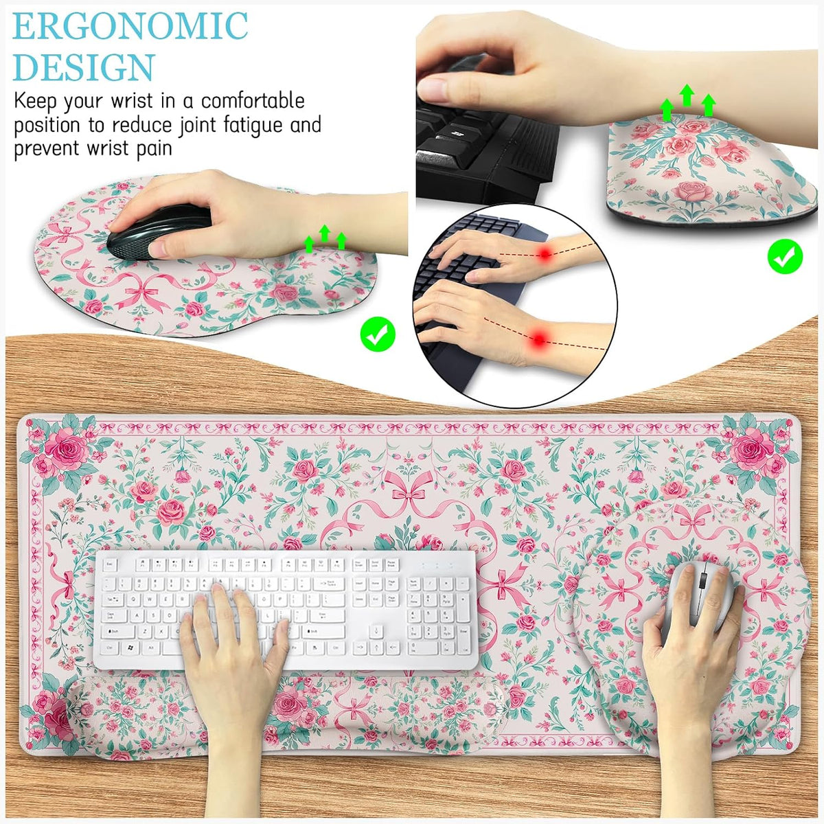 Pink Floral Desk Mat, Ergonomic Mouse Pad Set with Wrist Rest - Image 3
