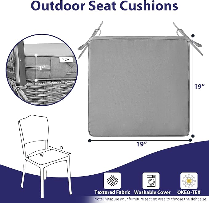 IPYNBAP Outdoor Chair Cushions Set of 4 -Waterproof Outdoor Seat Cushions for Patio Furniture, Patio Chair Cushion with Handle and Ties, Out Door Chair Pads,19x19x3-Square, Grey - Image 6