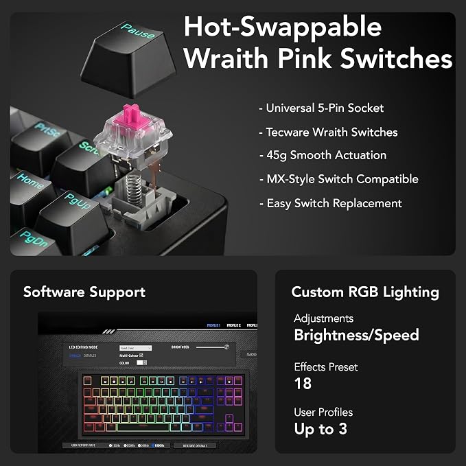 TECWARE Phantom+ Elite 87 Key RGB Mechanical Gaming Keyboard | 3 Mode Wireless Bluetooth 5.0 2.4GHz & USB C Wired | Hot Swappable 5 Pin | Double Shot PBT Keycaps | Wraith Pink Switch - Black - Image 5