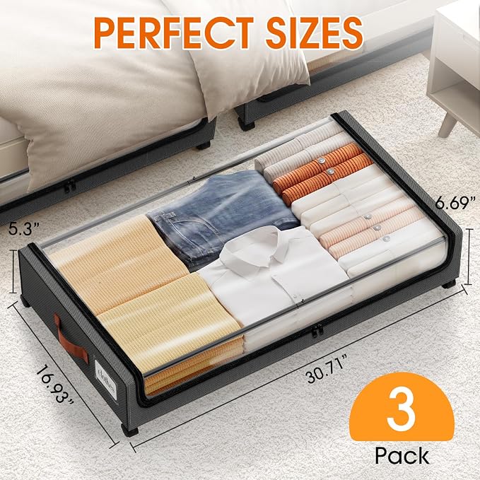 Under Bed Storage with Wheels 3Pack Storage Containers with Clear Window | Under Bed Drawers Rolling Under Bed Storage for Clothes,Shoes, Blankets (30.71 x 16.93 x 6.69 in, Dark Grey) - Image 2