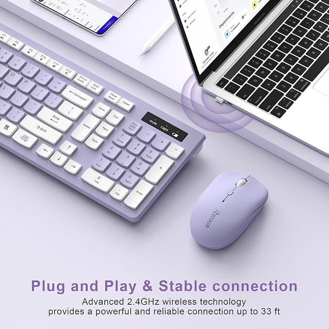 Wireless Keyboard and Mouse Combo Silent for Office and Home(Purple) | 2.4G Full Size Silent Cordless Keyboard with Tilt Legs,3-Level DPI Quiet Mouse,for Windows/Mac OS/Desktop/Laptop/PC - Image 2