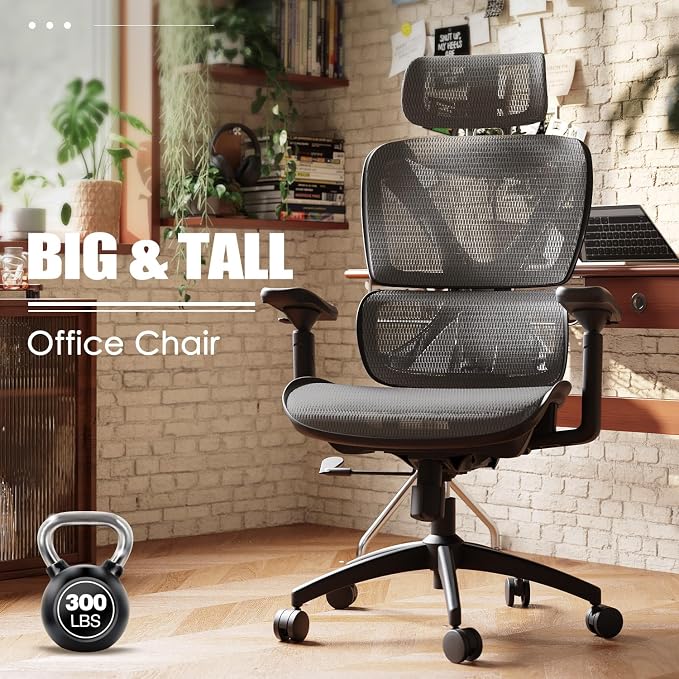Ergonomic Office Chair, Big and Tall Mesh Chair with Lumbar Support, 3D armrest - 215° Rotation, Adjustable Headrest & Soft Seat, Durable Desk Chair 350LBS for Work Gaming Computer,Grey - Image 8
