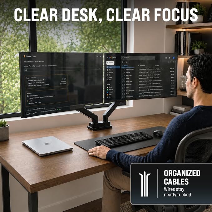 EVEO Premium Dual Monitor Mount 14"-32” Dual Monitor Arm VESA Bracket Adjustable Height Gas Spring Dual Monitor Stand, Screen Full Motion Dual Monitor Arm-Computer Monitor Stand for 2 Screens - Black - Image 8
