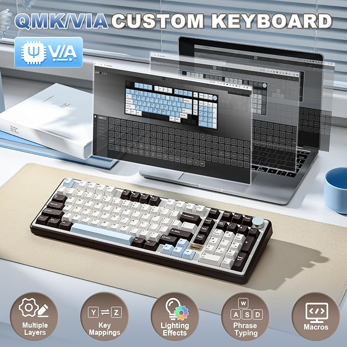 YUNZII B98 PRO 96% Wireless Mechanical Keyboard(Coffee Brown, Milk Switch) | QMK/VIA, with Numpad, Dual-Style Knob Design, Creamy Pre-Lubed Switches, Hot Swap, Gasket Mount, RGB for Gaming/Win/Mac - Image 4