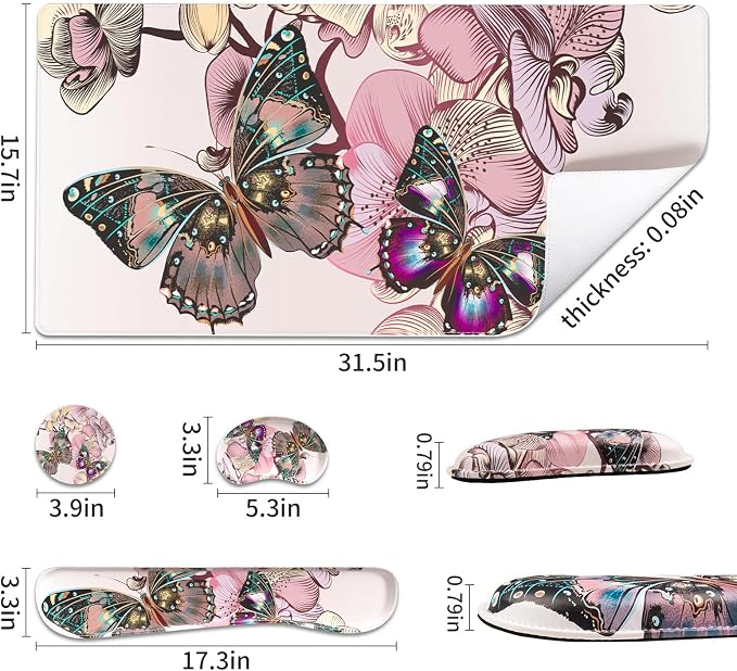 QIYI PU Leather Desk Mat Set, 4-in-1 Ergonomic Wrist Rest, Butterflies | Waterproof Large Mouse Pad 31.5×15.7 + Keyboard Wrist Rest + Mouse Wrist Support+Coaster, Non-Slip Office Gaming Accessories - Image 3