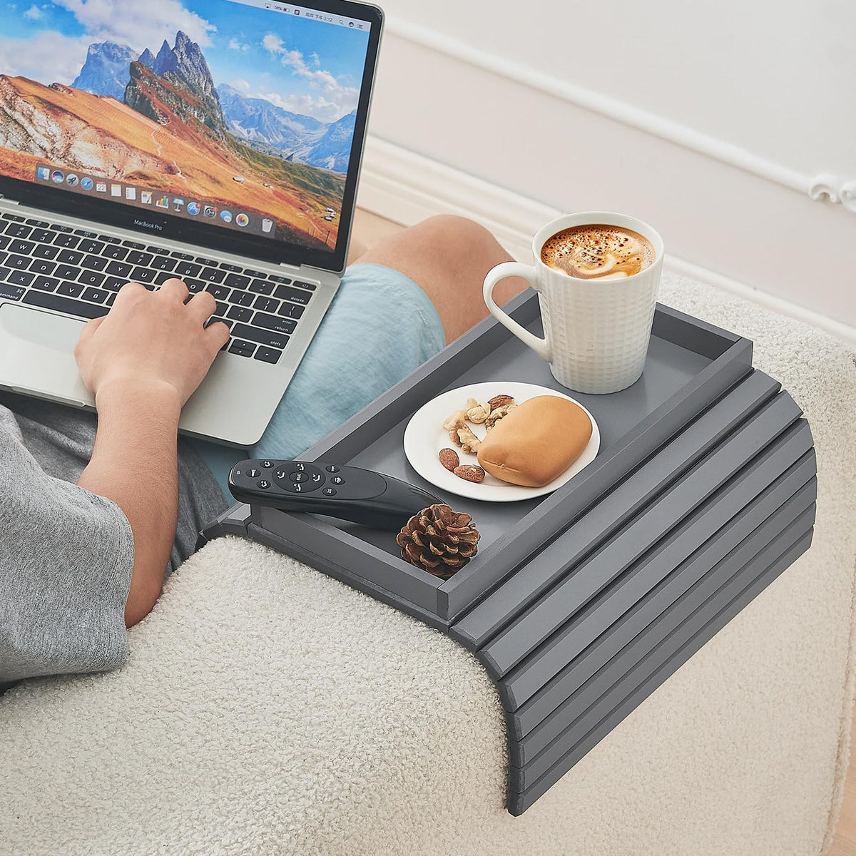 Bamboo Sofa Arm Tray, Anti Falling Couch Arm Tray Table, Foldable Couch Armrest Table, Portable Sofa Armrest Trays Cup Holder for Drink, Cups, Phone, Snacks, Remote - Image 3