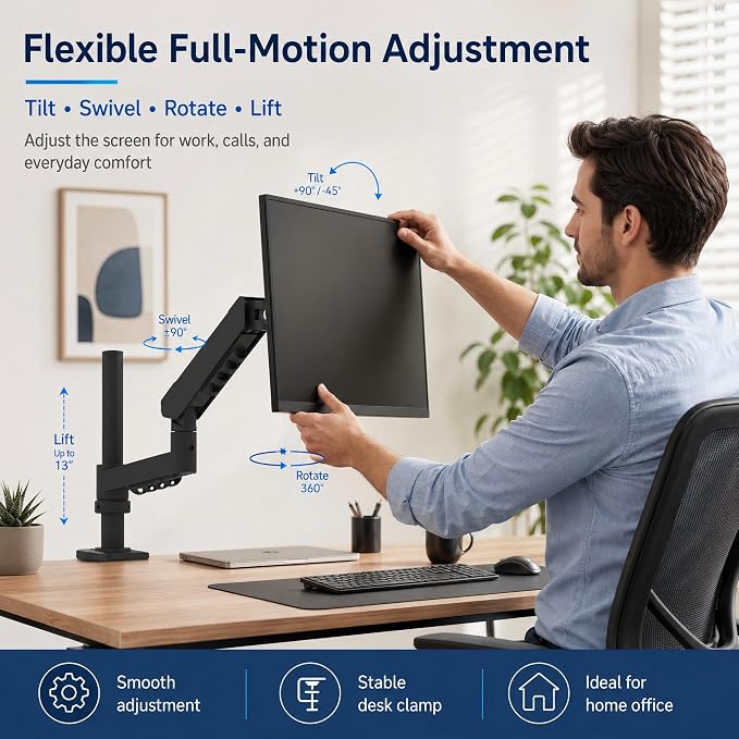 Long Reach Single Monitor Arm, Spring Desk Mount, 17-32 Inch, VESA | Long-reach spring arm adds movement space; rotatable arm collars and anti-slip rings support flexible screen positioning. - Image 7