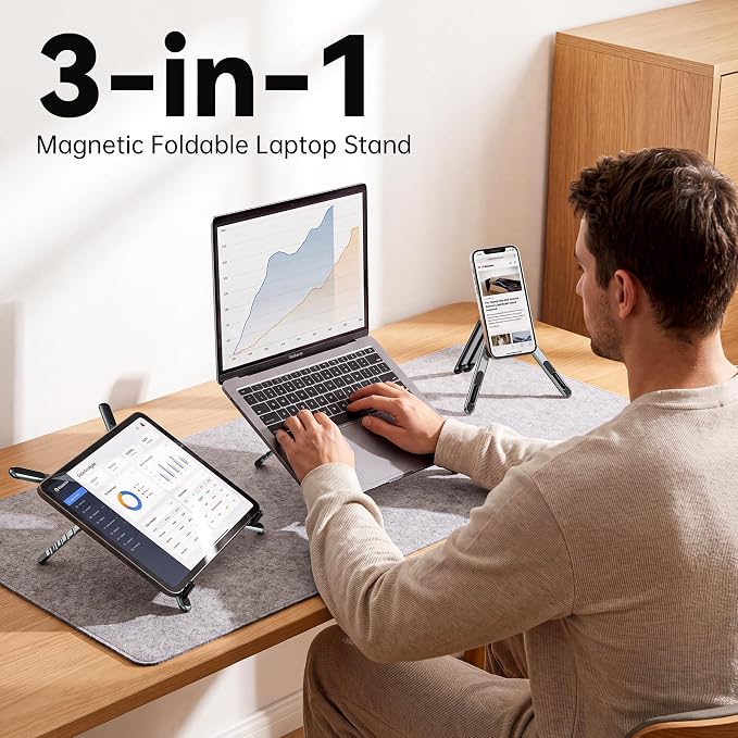 Portable Laptop Stand, 3-in-1 Magnetic Foldable Adjustable, for Desk（Gray） | Aluminum alloy, lightweight compact, 8-level height, ergonomic, for phone/tablet, home office/travel - Image 5
