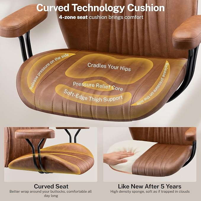 HeroSet Leather Office Chair with Removable Armrests, Mid Back Ergonomic Desk Chair with Lumbar Support, Adjustable Height Rocking Swivel Executive Chair for Home Office, Brown - Image 4