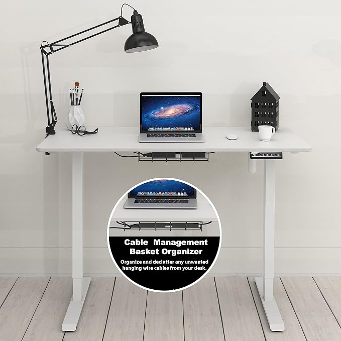 SHW 48-Inch Electric Height Adjustable Sit to Stand Desk, White | with Hanging Hooks and Cable Management, White Frame and White Top - Image 7