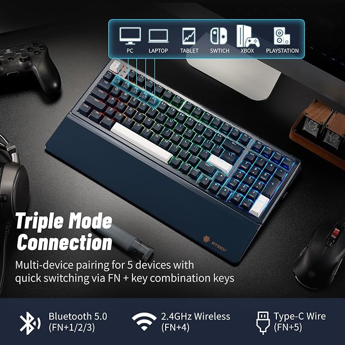 Hexgears E4Pro Wireless Creamy Mechanical Keyboard with Number Pad, Hot Swappable Custom Keyboard with Wrist Rest,Pre-lubed Tactile Switches,Gasket Structure,RGB Backlit Gaming Keyboard (Dark Blue) - Image 3