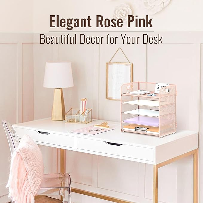 5 Trays Paper Organizer Letter Tray with Handle-Mesh Desk File Holders, Paper Sorter Desk Organizer for Office, Home, Classroom or School, Pink - Image 2