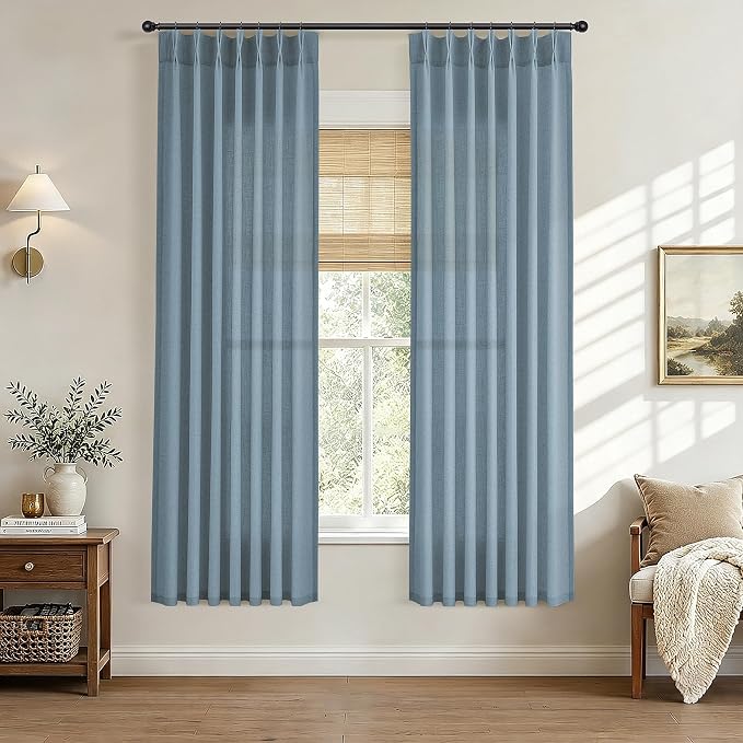 Hokibero Blue Pinch Pleated Linen Curtains 72 Inch Long for Living Room | Light Filtering Sheer Curtain,Pinch Pleat Back Tab Hooks Rings,Farmhouse Textured Privacy Drapes for Bedroom Window,2 Panels by Hokibero