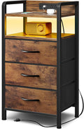 Lazzanto Nightstand with Rear Charging Station, LED Light, 3 Drawers, Brown | Industrial Nightstand, 2 USB-A Ports & AC Outlets, Raised Back Guard, Fabric Storage Drawers, Bedside Table for Bedroom, Dorm by Lazzanto