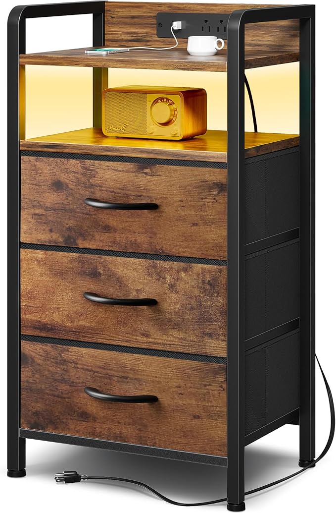 Lazzanto Nightstand with Rear Charging Station, LED Light, 3 Drawers, Brown | Industrial Nightstand, 2 USB-A Ports & AC Outlets, Raised Back Guard, Fabric Storage Drawers, Bedside Table for Bedroom, Dorm by Lazzanto