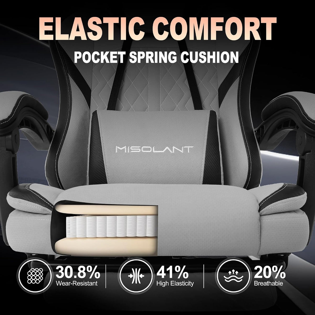 Misolant Gaming Chair, Fabric Gamer Chair with footrest for Adults, High Back Ergonomic Computer Game Chair with Adjustable Headrest and Massage Lumbar Support, 90-155° Recline Free, Gray - Image 6