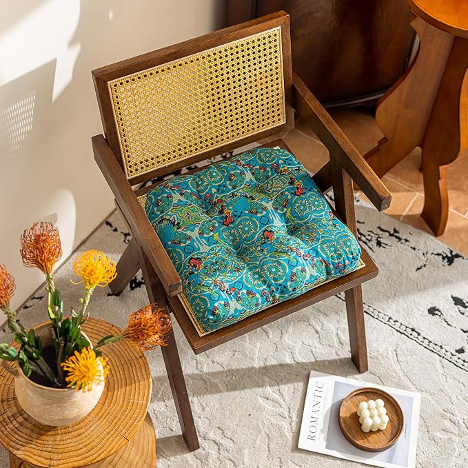vctops Boho Geometric Chair Cushions with Ties U-Shaped Soft Cozy Cotton Linen Chair Pads Non Slip Seat Cushions for Indoor Dining Room and Kitchen Chairs (Turquoise,18"x18") - Image 4