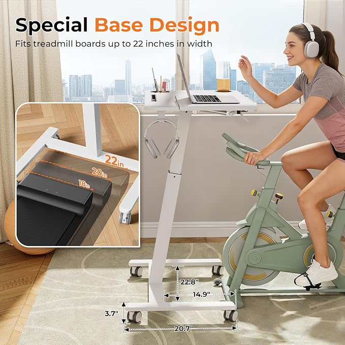 JOY worker Mobile Standing Desk for Treadmill, 31.5" Small Walking Pad Desk | Pneumatic Height Adjustable, 40° Foldable White Rolling Sit-Stand Table on Wheels, Cup Holder & Towel Rack, for Home Office - Image 8