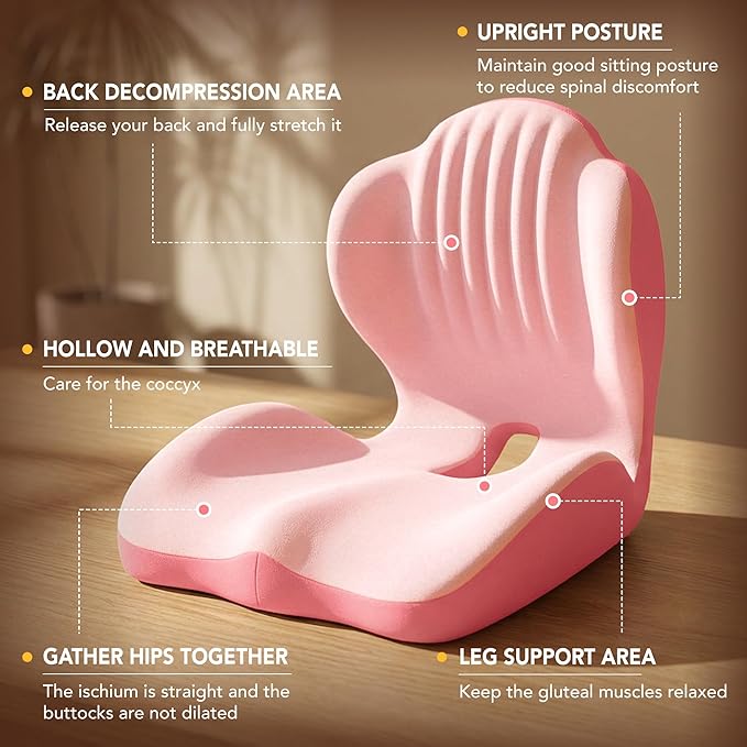 CHANCEE Ergonomic Seat Cushion with L-Shaped Design for Office Chair (Pink) | Memory Foam Orthopedic Cushion with Coccyx Hollow, Lumbar Support & Tailbone Pain Relief for Car, Truck, Gaming Chair - Image 5