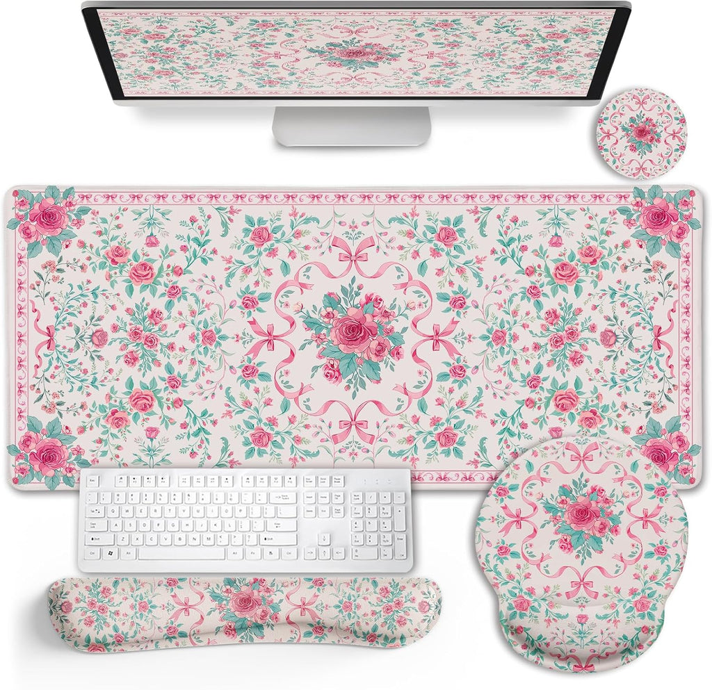 Pink Floral Desk Mat, Ergonomic Mouse Pad Set with Wrist Rest by LIMKRIAN