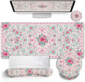 Pink Floral Desk Mat, Ergonomic Mouse Pad Set with Wrist Rest by LIMKRIAN