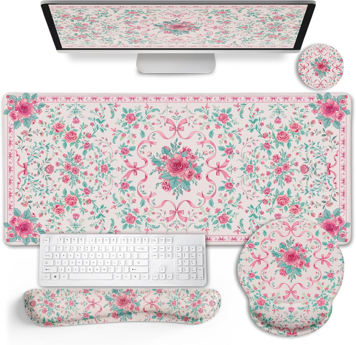 Pink Floral Desk Mat, Ergonomic Mouse Pad Set with Wrist Rest by LIMKRIAN