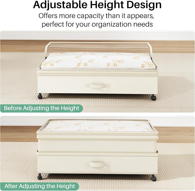 Kitstorack 4 Pack Height-adjustable Under Bed Storage with Wheels, Under Bed Storage Containers,Under Bed Shoe Storage Organizer with Clear Window&Label, Suitable for Clothes Storage, Beige - Image 6
